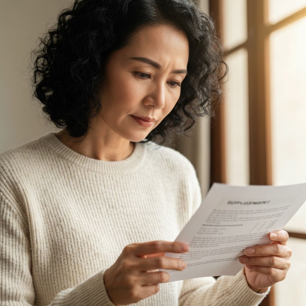 Person reading supplement information while making thoughtful decisions