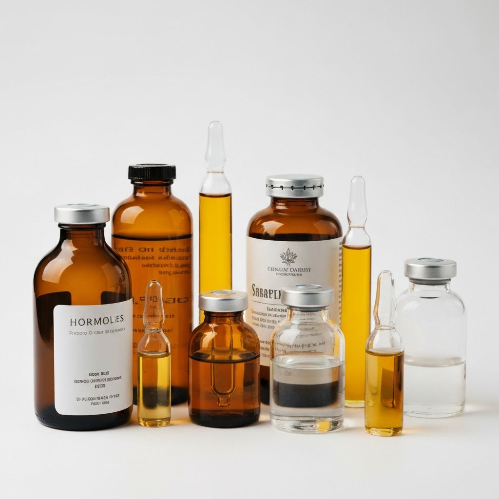 Supplement liquids in various glass bottles with different colors